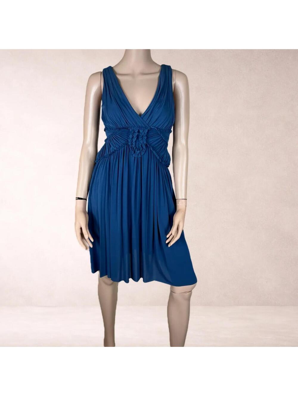 BCBG Cerulean Blue Ruffle Pleated Jersey V-Neck Empress Dress